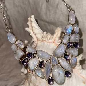 Angelic Rainbow Moonstone + Amethyst statement cluster Necklace